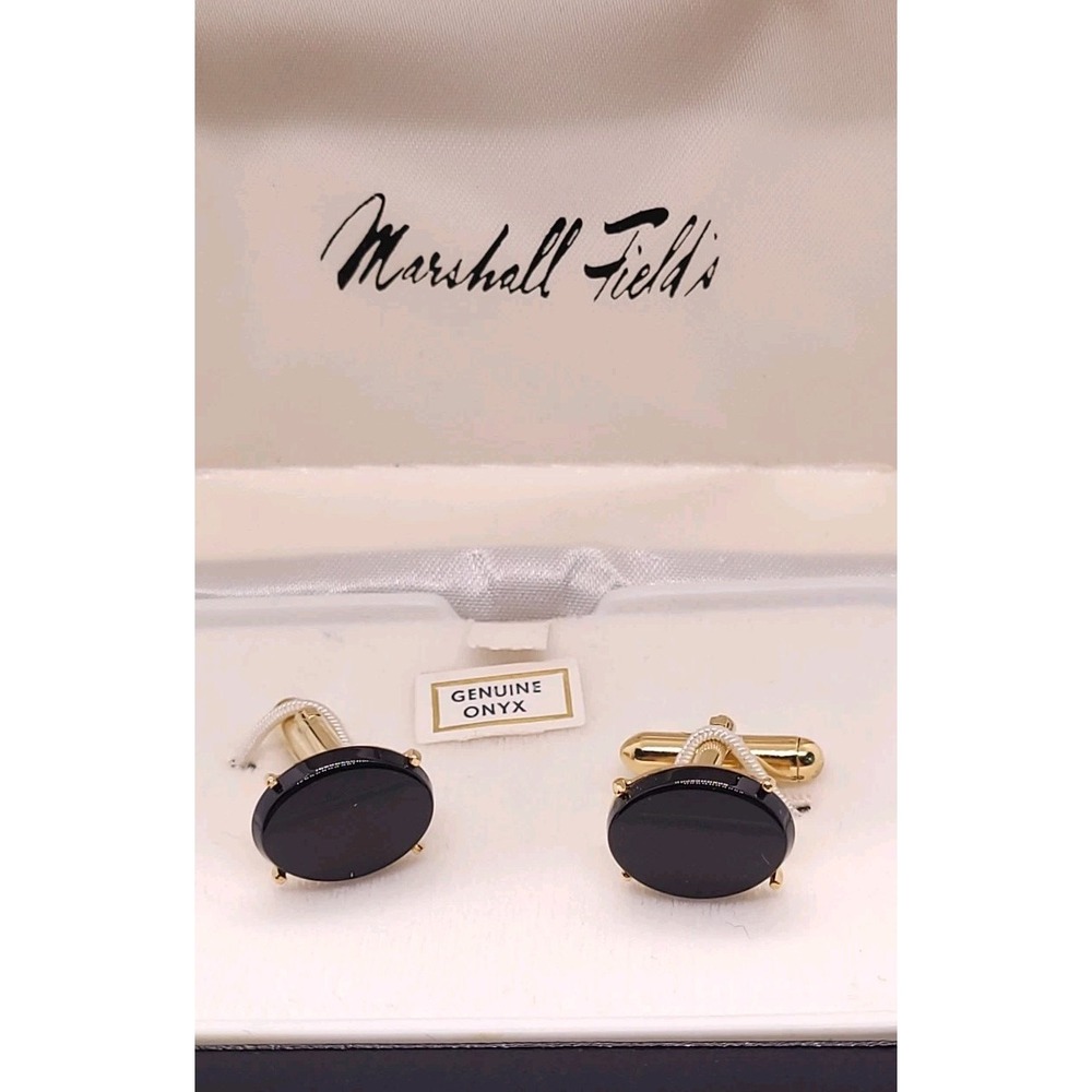 Vintage Marshall Field's Genuine Onyx Cufflinks Gold Tone Oval Original Box